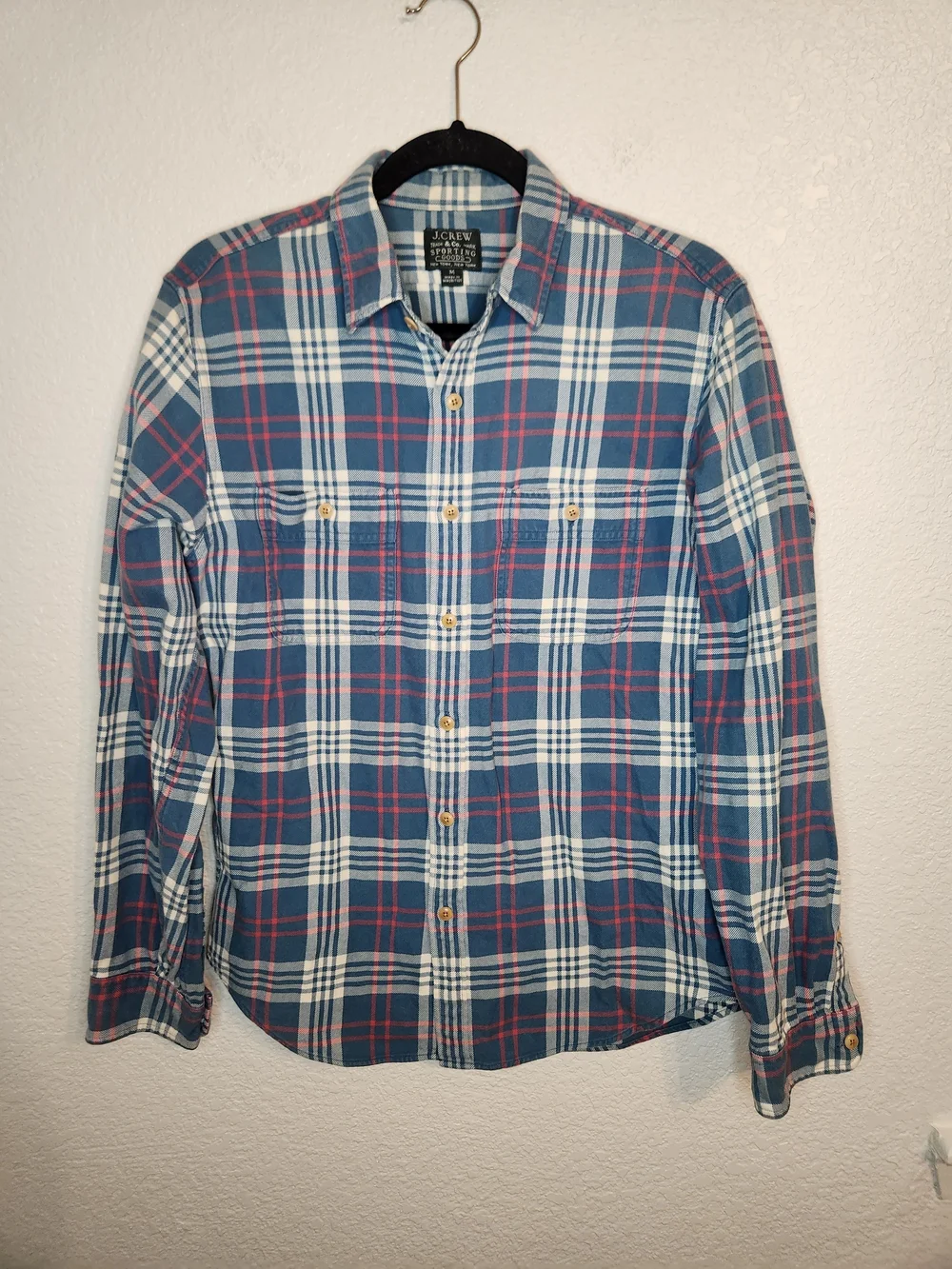 J Crew Slim Fit Flannel Camp Shirt Button Up Plaid Long Sleeve Mens Sz Medium